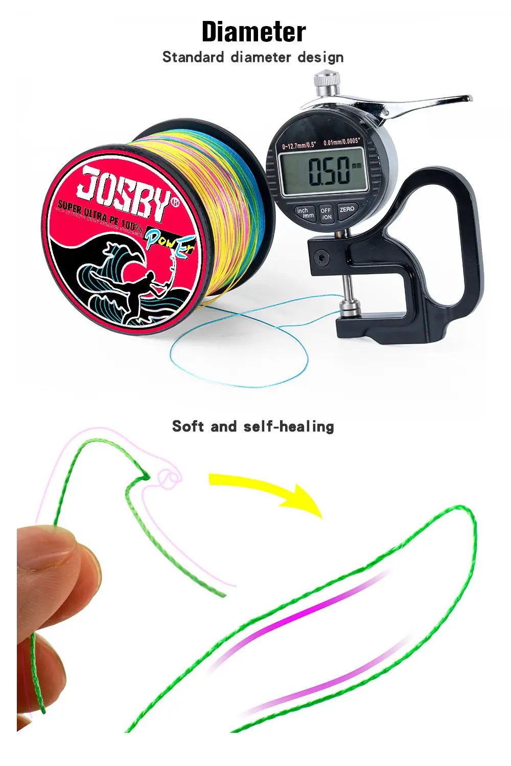 Un carrete de hilo de pescar con la marca JOSBY, indicando que es un producto para pescar. El carrete está diseñado con un diseño de diámetro estándar, que probablemente se adapta a la mayoría de los carretes de pesca.