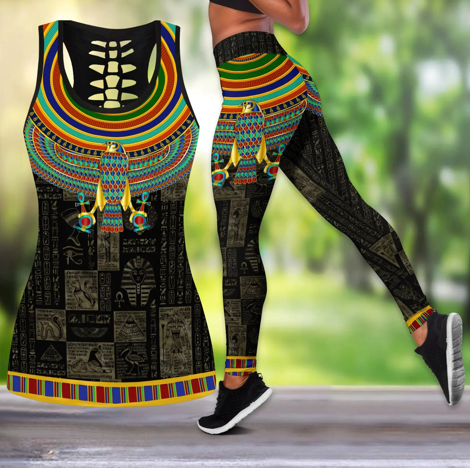 Egipto águila Dios tatuajes 3D completamente estampado mujeres hueco camiseta sin mangas y Leggings conjunto Sexy elástico femenino flaco Leggings LKB-01 - imagen 4