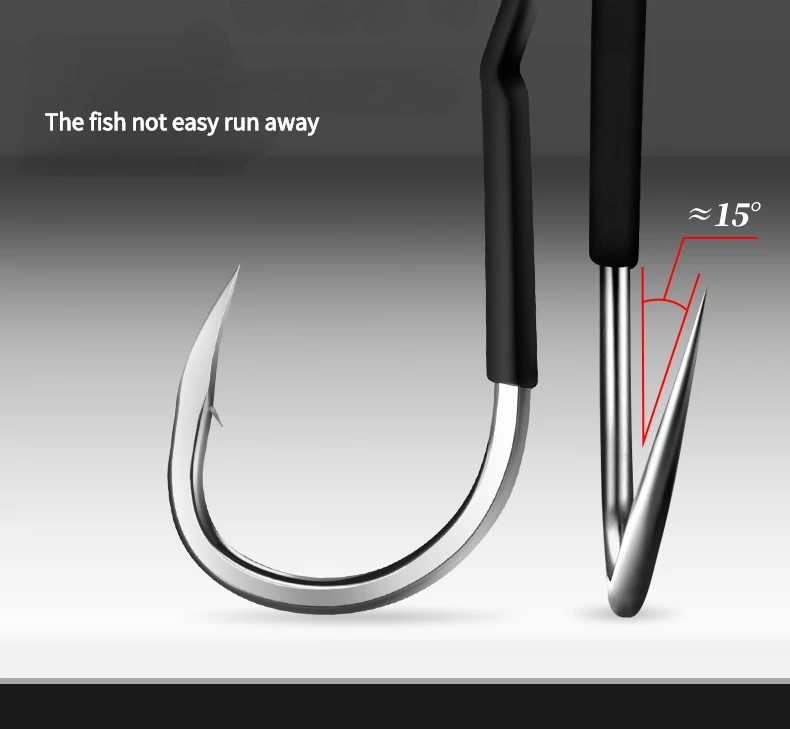 El gancho de pescado con un ángulo agudo asegura una captura segura