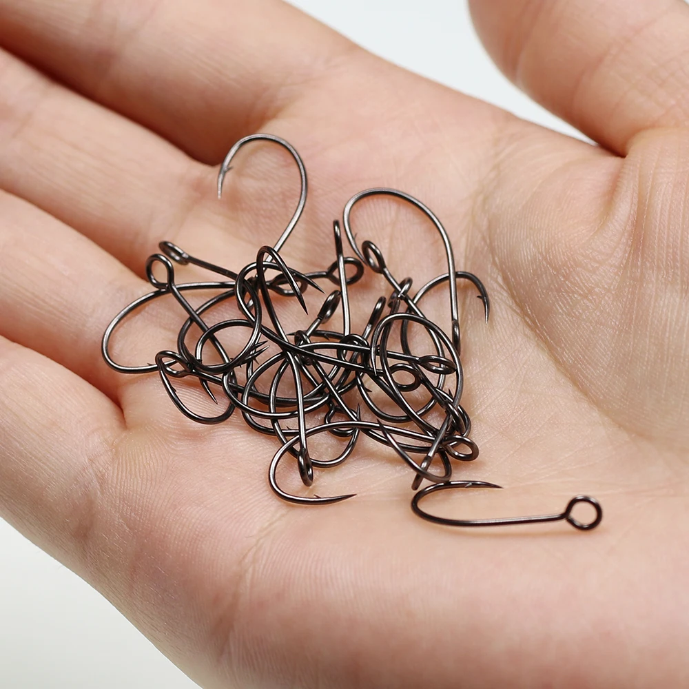ICERIO100PCS-anzuelos de pesca con mosca, señuelo de acero con púas de alto carbono, de ojo grande, acabado en níquel negro