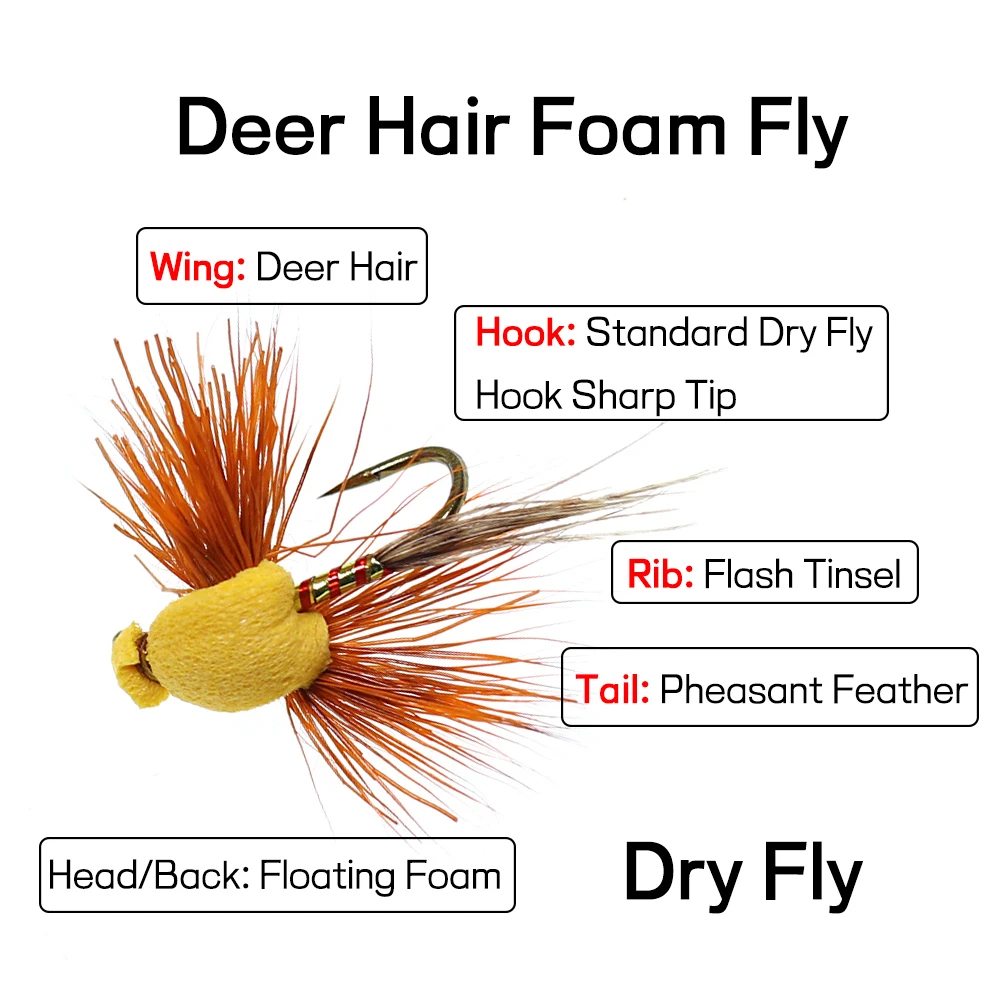 Bimoo 6PCS # 12 # 14 moscas de espuma de pelo de ciervo, pesca de lubina, trucha, mosca seca flotante, cebos artificiales, verde, amarillo - imagen 2