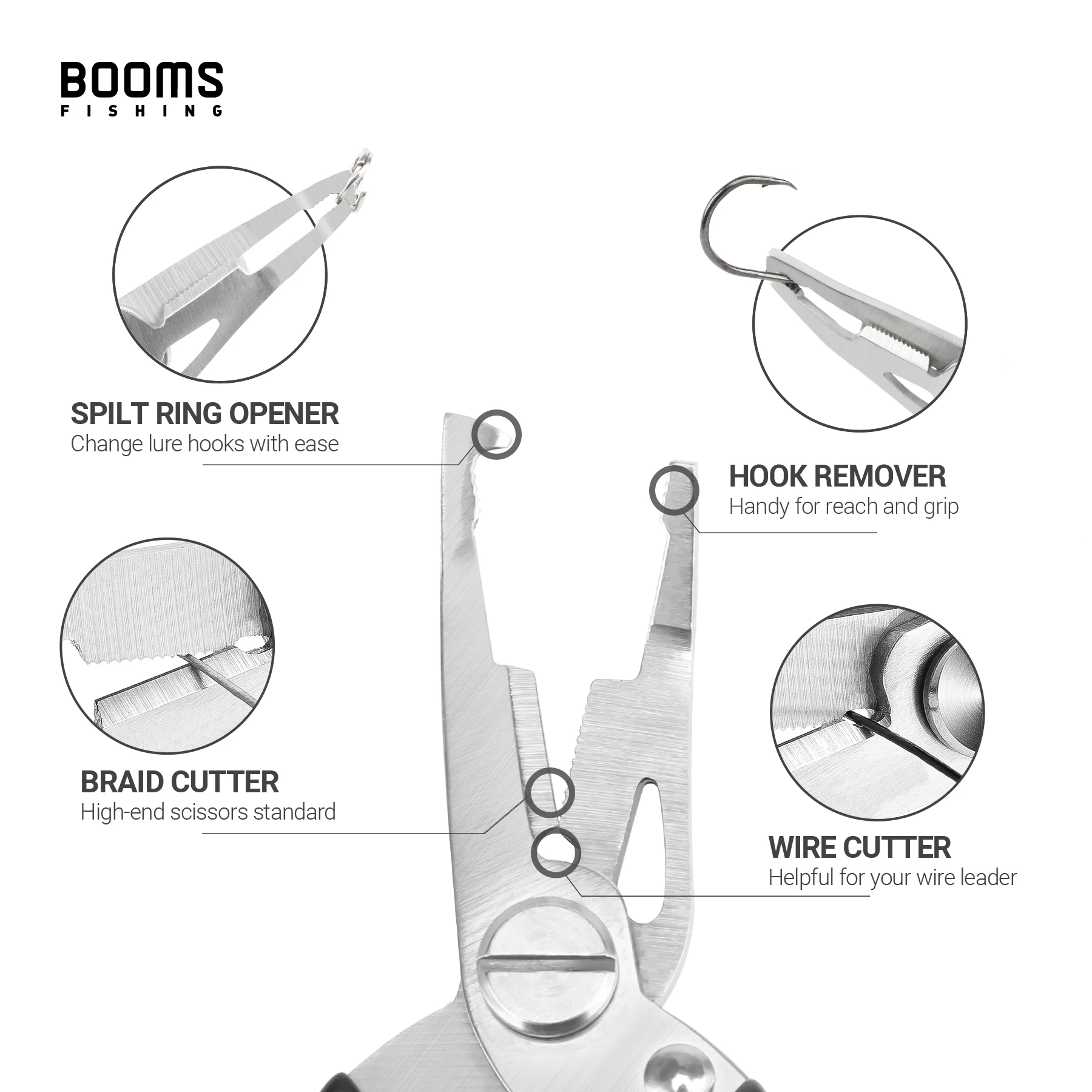 Booms-Alicates de pesca H02, herramientas multifunción, accesorios, tijeras de acero inoxidable, removedor de anzuelos de pescado, cortador de señuelos de línea trenzada - imagen 3