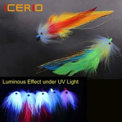 ICERIO 1 pieza 3D ojos de pez gallo pluma Streamer atado en anzuelo de púas moscas de agua salada Lucio pesca de lubina mosca señuelo cebos 2/0 #