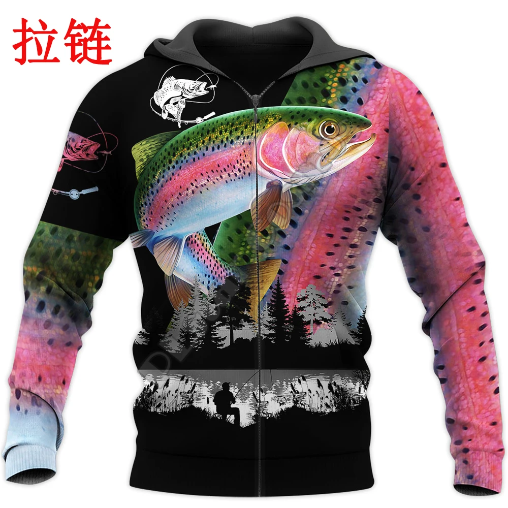 Hermosa pesca de trucha 3D completamente estampado hombres Sudadera con capucha Otoño e Invierno sudadera Unisex jersey con cremallera ropa de calle Casual KJ447 - imagen 3