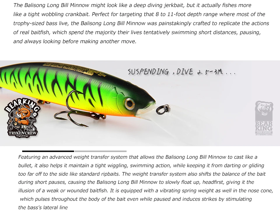 Balising Long Bill Minnow es un cebo versátil y realista diseñado para pescadores que buscan mejorar su experiencia de pesca con un señuelo realista y efectivo