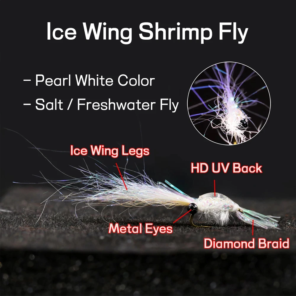 Elllv-señuelo luminoso para agua salada, moscas de agua dulce, lubina, trucha, salmón, 7 unids/lote por caja, #4 #6 #8, Perla blanca, ala de hielo, camarón, Mosca de sal - imagen 2