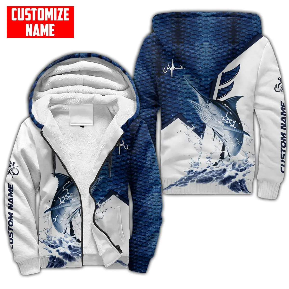 Nombre personalizado pesca atún 3D impreso invierno más grueso cremallera Sudadera con capucha Unisex Casual Abrigo con capucha chándal chaqueta de lana cálida JH07 - imagen 3