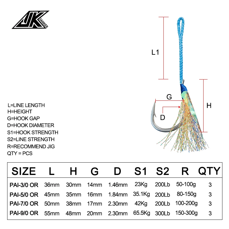 JK envío gratis 3/0, 5/0, 7/0, 9/0 de pesca de mar profundo con gancho azul línea PE 4x fuerte púas anzuelo barco de pesca plantilla de gancho - imagen 5