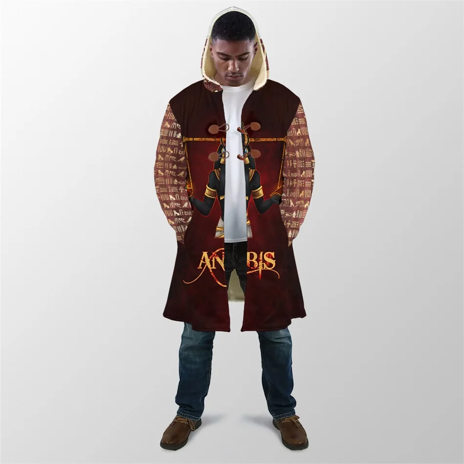 2025 capa de invierno para hombre, faraón del Antiguo Egipto, cara de Anubis, estampado 3D, Abrigo con capucha de lana gruesa, capa cálida informal Unisex DP14 - imagen 5