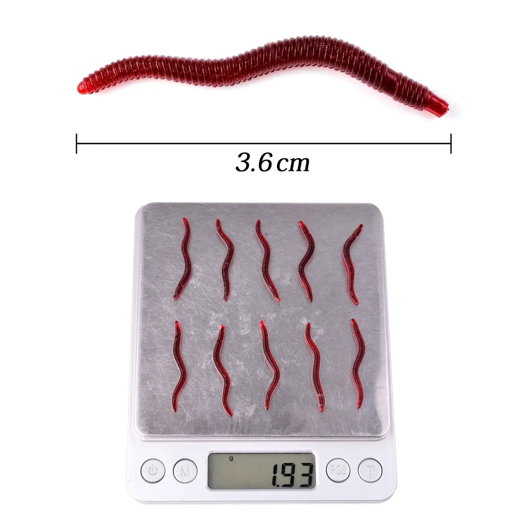 Señuelo suave de gusano rojo realista, 50 piezas, 35mm, señuelos de pesca de gusano de tierra, cebo Artificial de silicona, olor a pescado, camarón, aditivo para lubina y carpa - imagen 3