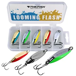 THKFISH-Señuelos de pesca con cuchara de Metal, 5 uds., 7g, 10g, 14g, 21g, cucharas de pesca giratorias, trucha, Lucio, cebos duros con anzuelo triple de agua dulce