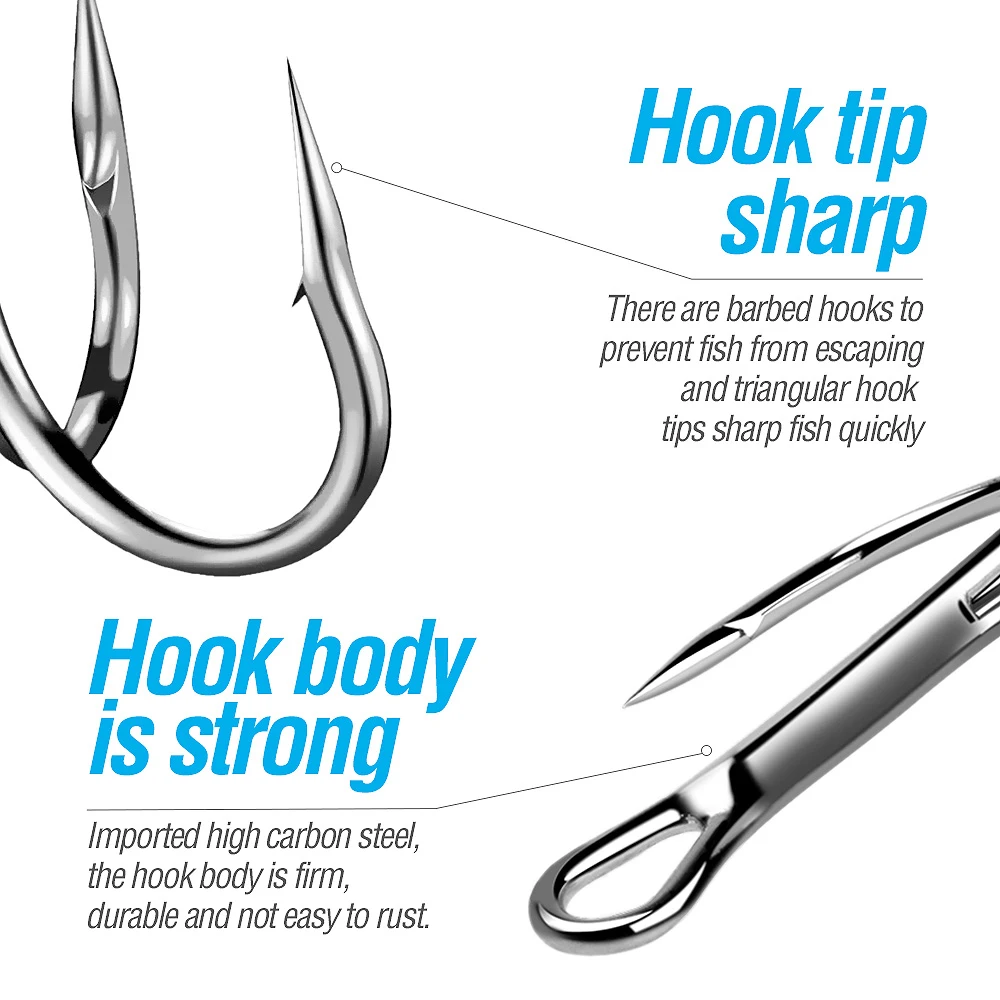 Anzuelos triples de acero rico en carbono, 1000 Uds., anzuelo afilado para agua salada, anzuelo de pesca de mar de estaño brillante con púas, doble refuerzo, venta al por mayor - imagen 4