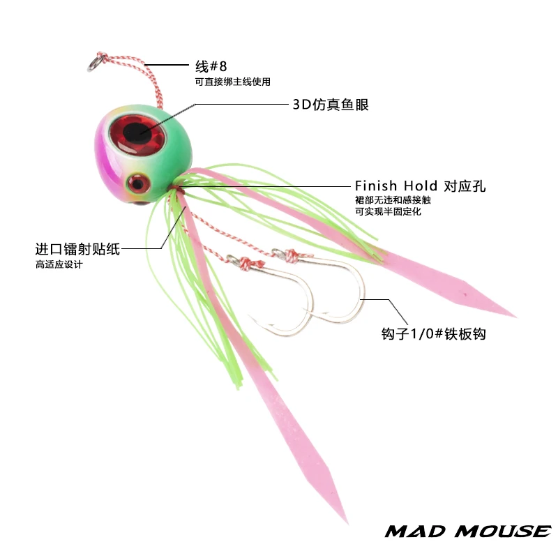 MADMOUSE-SEÑUELOS DE GOMA para pesca en aguas profundas, anzuelos de ojos grandes en 3 colores, 60/80/100/120/150/200g, cabeza de plantilla lenta Meatal con faldas de goma - imagen 4