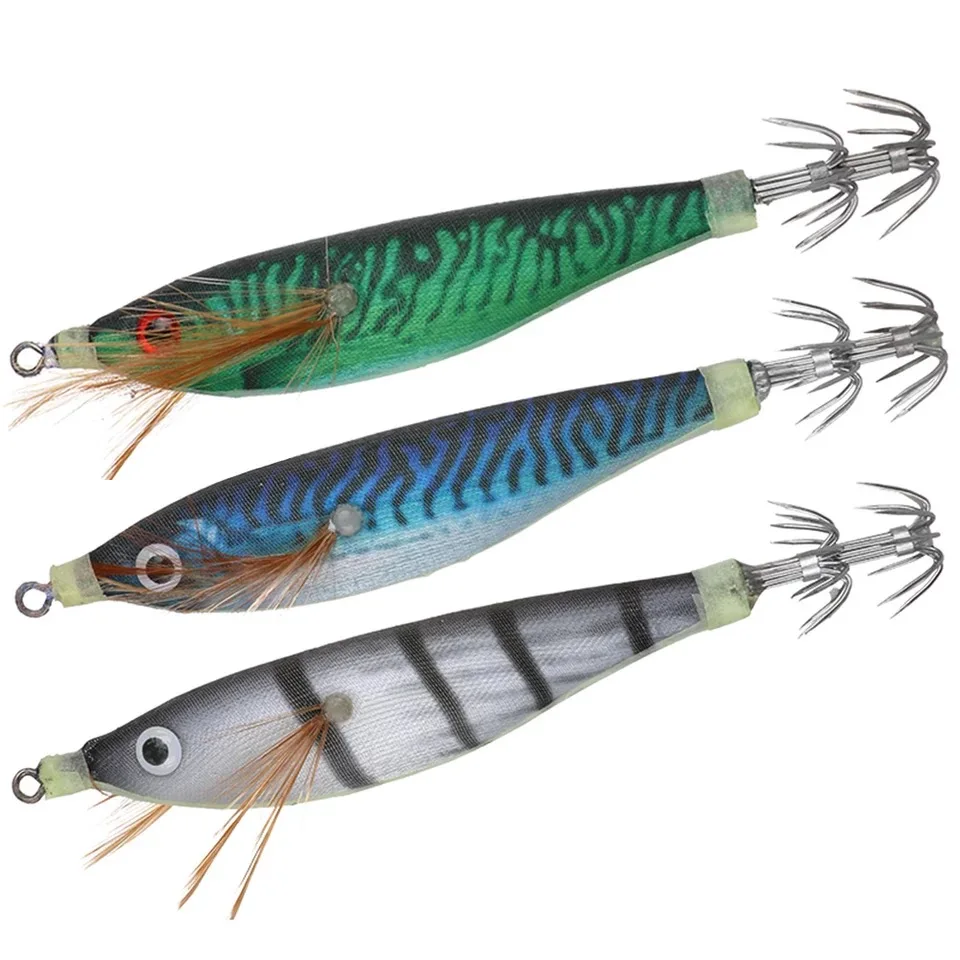 1 Uds. Plantillas de calamar de 9,5 cm y 10g, Señuelos de Pesca, señuelo de madera para camarones, cebos duros, pulpo, sepia, anzuelos de calamar Wobbler