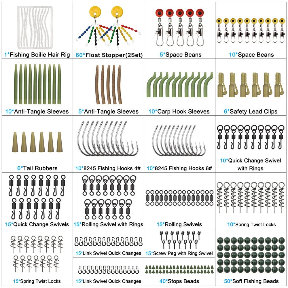 Aparejo de pesca de carpa, anzuelo giratorio de cambio rápido mate, Boilie, cebo, se detiene, manga antienredos, accesorios de pesca de carpa, 348 piezas - imagen 3