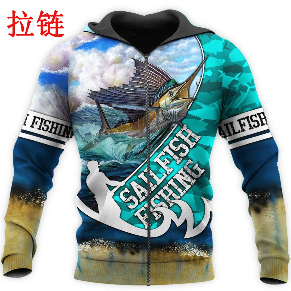 Sailfish pesca 3D completamente estampado hombres sudaderas con capucha sudadera Unisex ropa de calle jersey con cremallera chaqueta Casual chándales KJ0212 - imagen 3