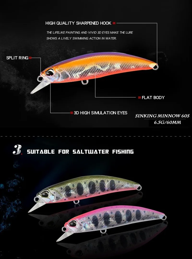 Señuelo de pesca Minnow, 6,5g, 60mm, Jerkbait, Wobblers, Crankbaits, Hardbait, Minnow, Japón, Camping, pesca al aire libre, 1 ud. - imagen 5