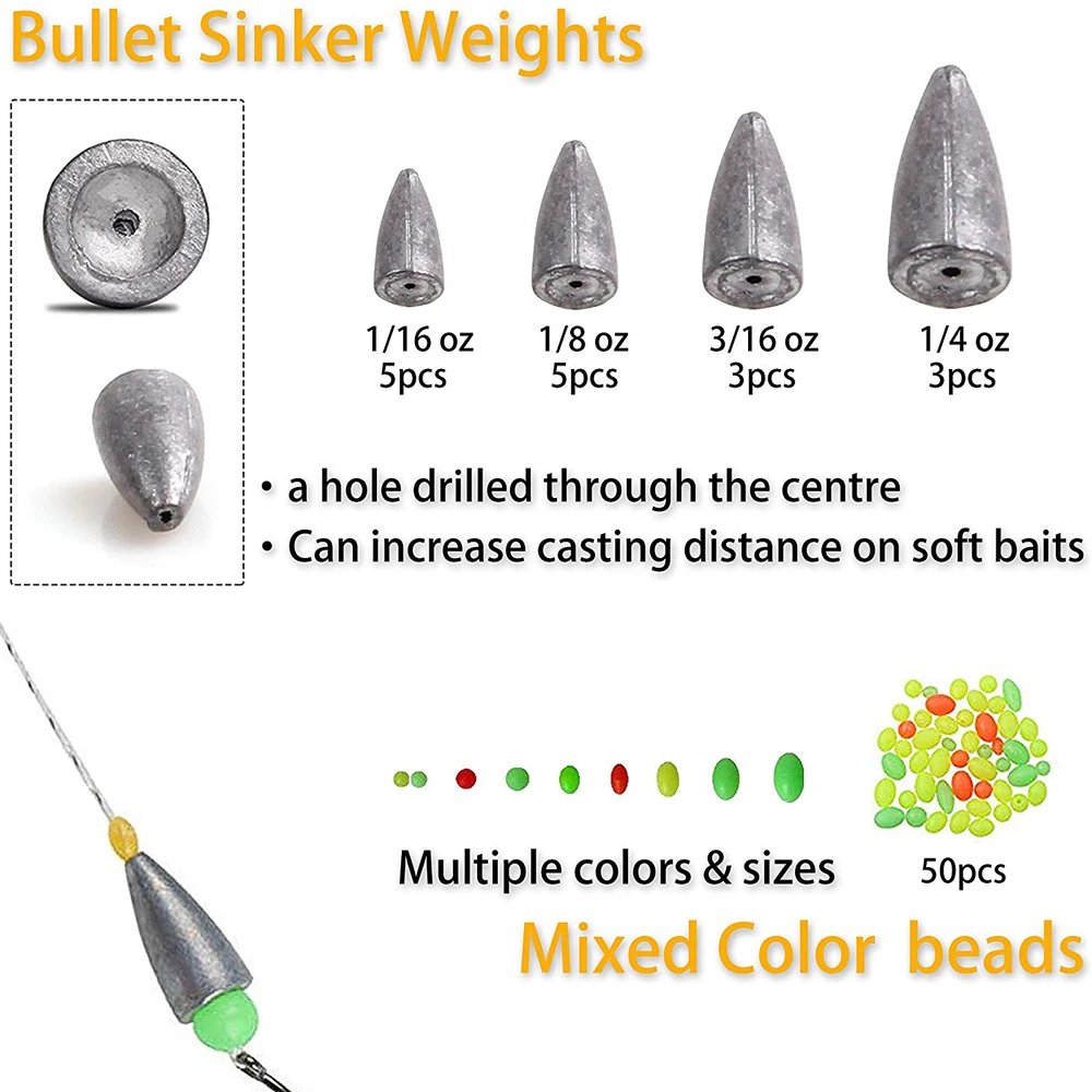 Kit de accesorios de pesca, 203 unids/caja que incluye anzuelos, pesas, señuelos giratorios, anzuelos de cabeza, juntas tóricas, aparejos de pesca - imagen 4