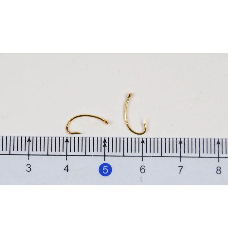 Venta al por mayor 500 Uds. Anzuelo curvo dorado para moscas Ninfa Scud camarones Pupae larva Caddis atado de moscas anzuelos de pesca # 10 # 12 # 14 # 16 - imagen 4