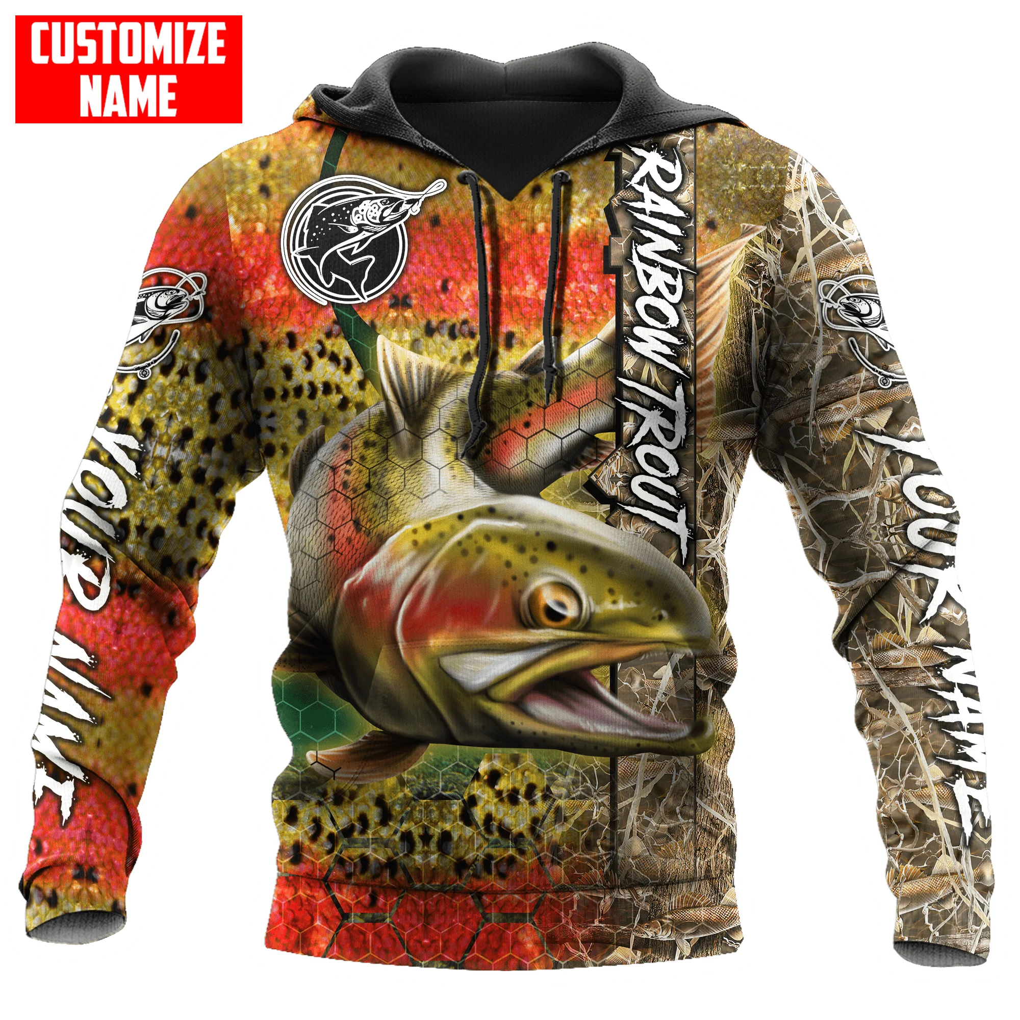 Sudadera con capucha y sudadera para hombre con estampado 3D de camuflaje de piel de pesca de trucha, sudaderas con cremallera Unisex de otoño, ropa de calle informal KJ834