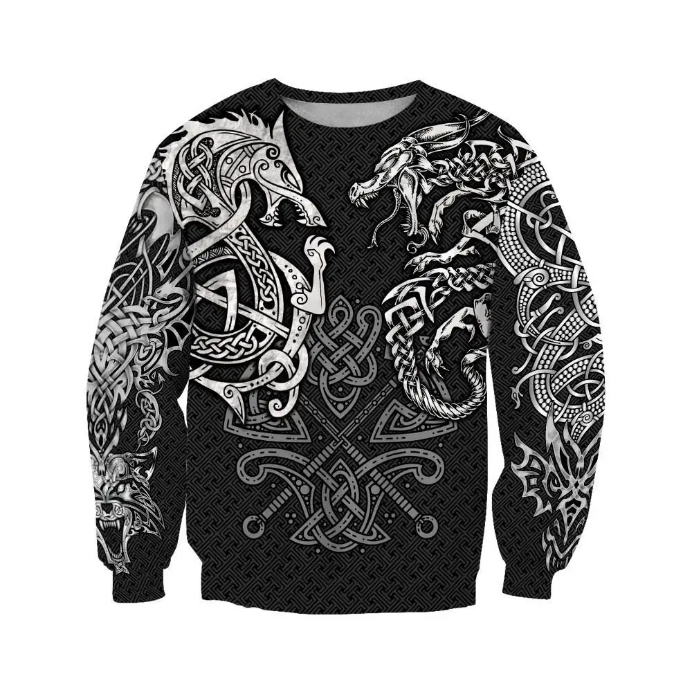 Fenrir-Sudadera con capucha de Lobo y dragón para hombre, ropa de calle Unisex con estampado 3D de tatuaje, jersey con cremallera, chaqueta informal, chándal KJ0197 - imagen 2