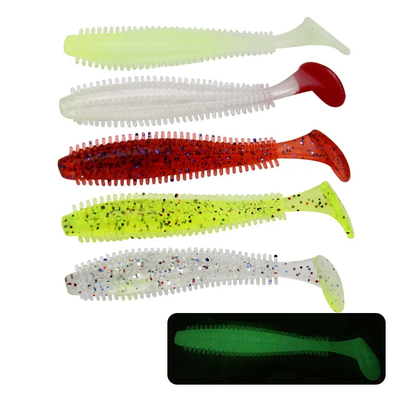 Señuelo blando de pesca con cola en T, larva de cola única, 6cm/1g, 9cm/4g, accesorios para peces con brillo de gusano, lote de 5 piezas - imagen 3