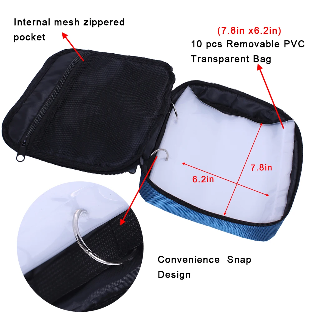 Un bolsillo de malla negra con cremallera y una bolsa transparente en su interior. La bolsa transparente parece estar hecha de material de PVC y es extraíble. Se proporcionan medidas para el bolsillo y la bolsa transparente, indicando las dimensiones de cada uno.