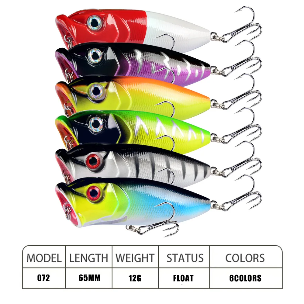 Señuelos de pesca Popper, 1 Uds., 6,5 cm, 12g, cebo duro Topwater, Wobblers artificiales, aparejos de pesca de plástico con 6 #   Ganchos - imagen 2