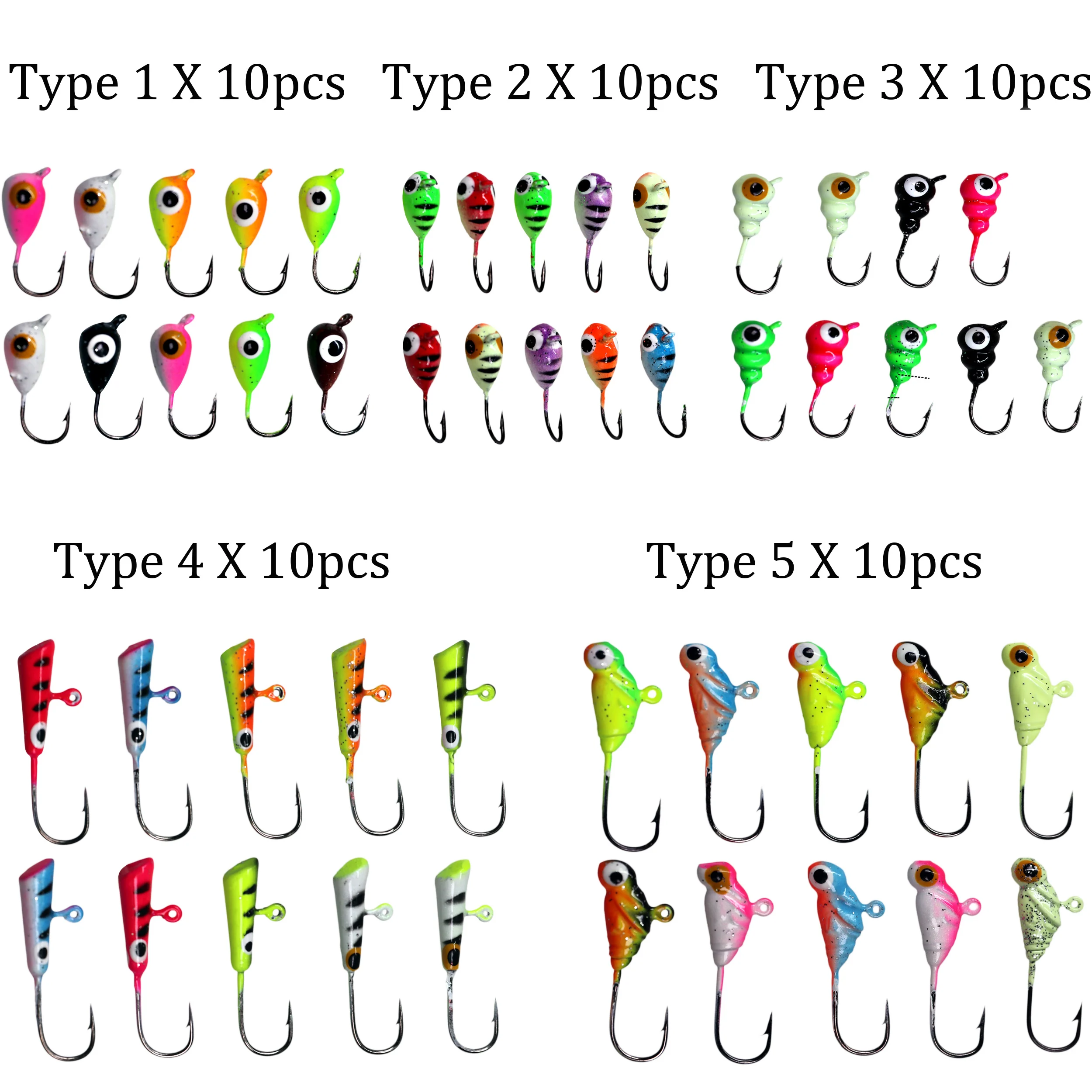 THKFISH 50 Uds. Kit de Señuelos de anzuelo de pesca en hielo de invierno 1,3g-1,8g cebos duros de pesca en hielo para anzuelos de acero al carbono con cabeza de JIg Walleye - imagen 5