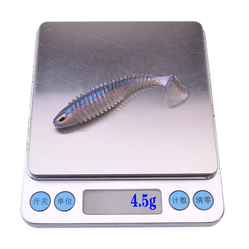 5 unids/lote Shad pesca señuelo suave 4,5g/80mm cebo de silicona lubina ojos 3D gusano Jig Head Wobblers aparejos de natación de goma Artificial - imagen 4