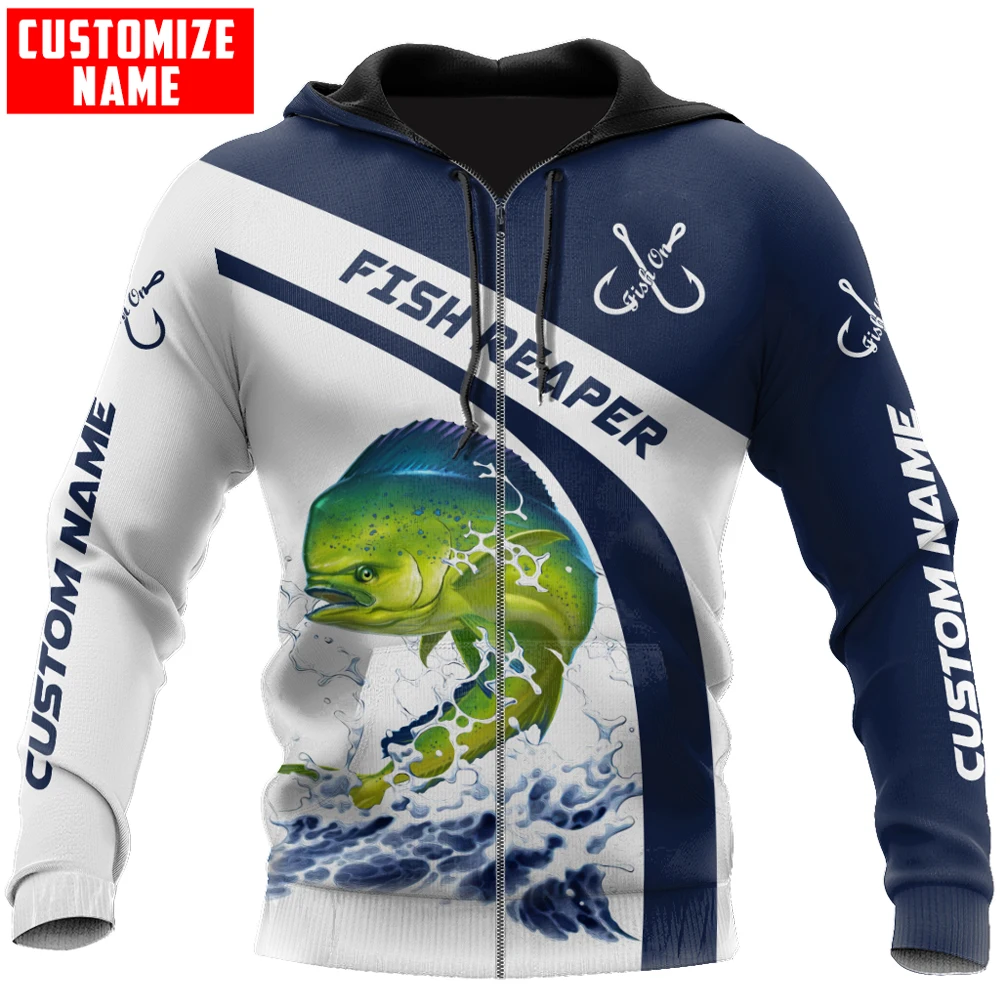 Sudadera con capucha y sudadera con estampado 3D de pesca Mahi-mahi con nombre personalizado para hombre, Sudadera con capucha con cremallera Unisex, ropa de calle, chándales informales KJ772 - imagen 5