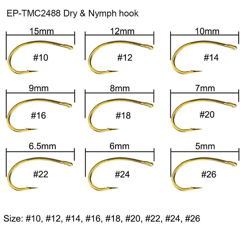 Eupheng-anzuelo de pesca de Ninfa, gancho de pesca de alambre fino, con mango curvo, ojo recto, seco, EP-TMC2488, 100 Uds. - imagen 2