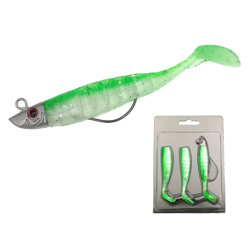 Señuelo falso Jigging cebo blando Señuelos de pesca 9/11cm 15,6/23,3g DIY cabeza Jig pez cola en T señuelo de lubina aparejos de pesca 6 colores - imagen 3