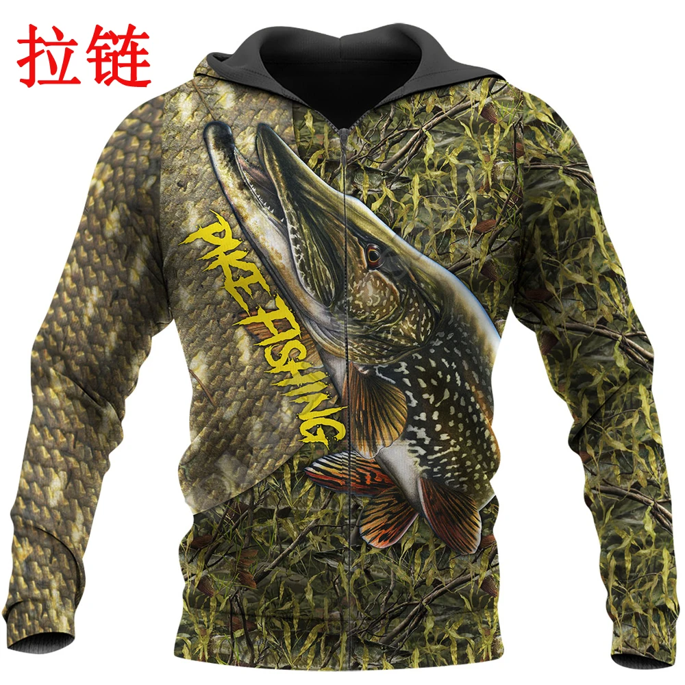 Sudadera con capucha arte 3D pesca del lucio – Unisex otoño - imagen 3