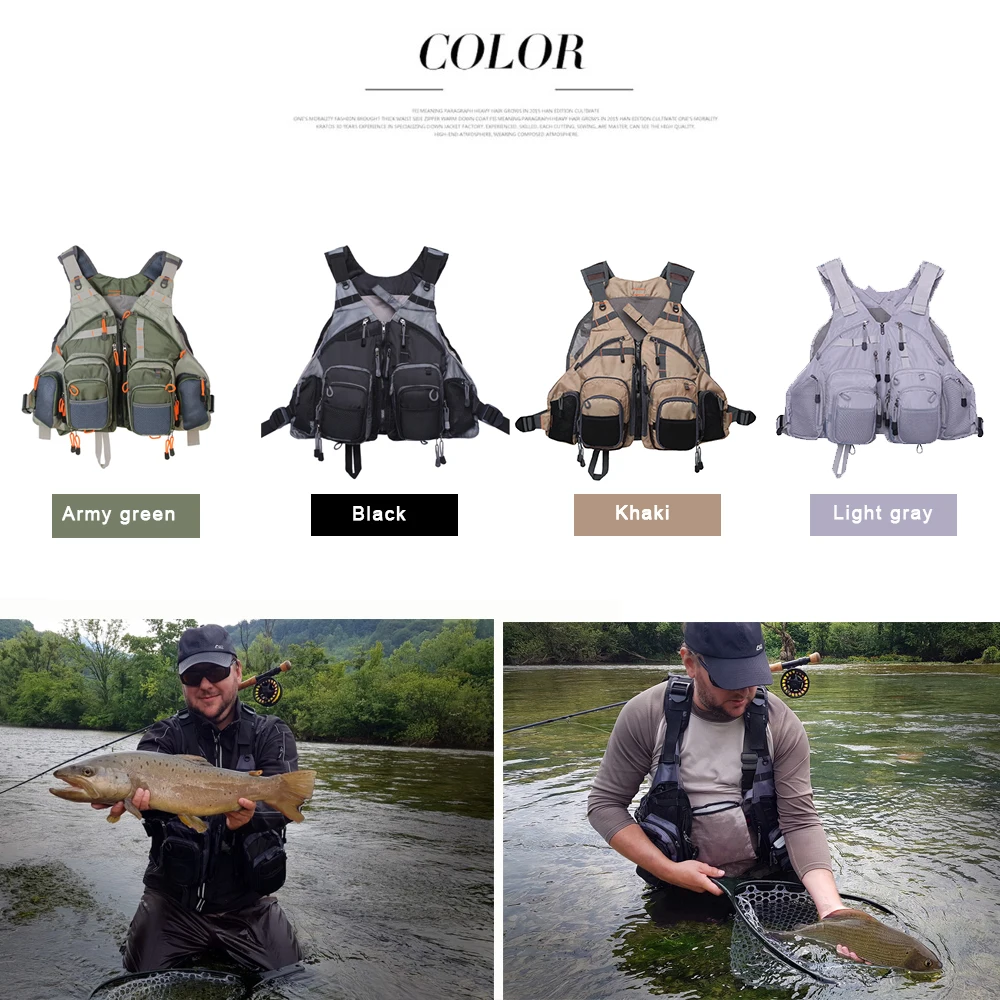 Un collage de cuatro chalecos de pesca diferentes, cada uno de un color diferente: verde militar, negro, caqui y gris claro. Cada chaleco está diseñado con múltiples bolsillos y compartimentos, probablemente para guardar equipo de pesca.