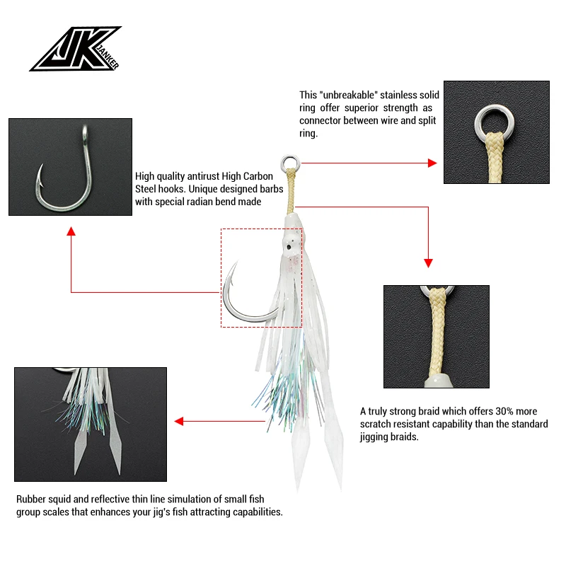 JK PAOC Power Assistent-anzuelos de calamar de goma Natural, anzuelos de Kevlar para pesca en agua salada, 1/0, 3/0, 5/0 - imagen 5