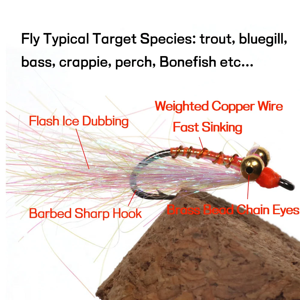 Bimoo-señuelo de pesca con mosca de hundimiento rápido, cebo UV, verde, naranja, rojo, 8 #10 #12 # Crazy Charlie Ice, doblaje de moscas de la ninfa, anzuelo de púas, 6 piezas - imagen 4