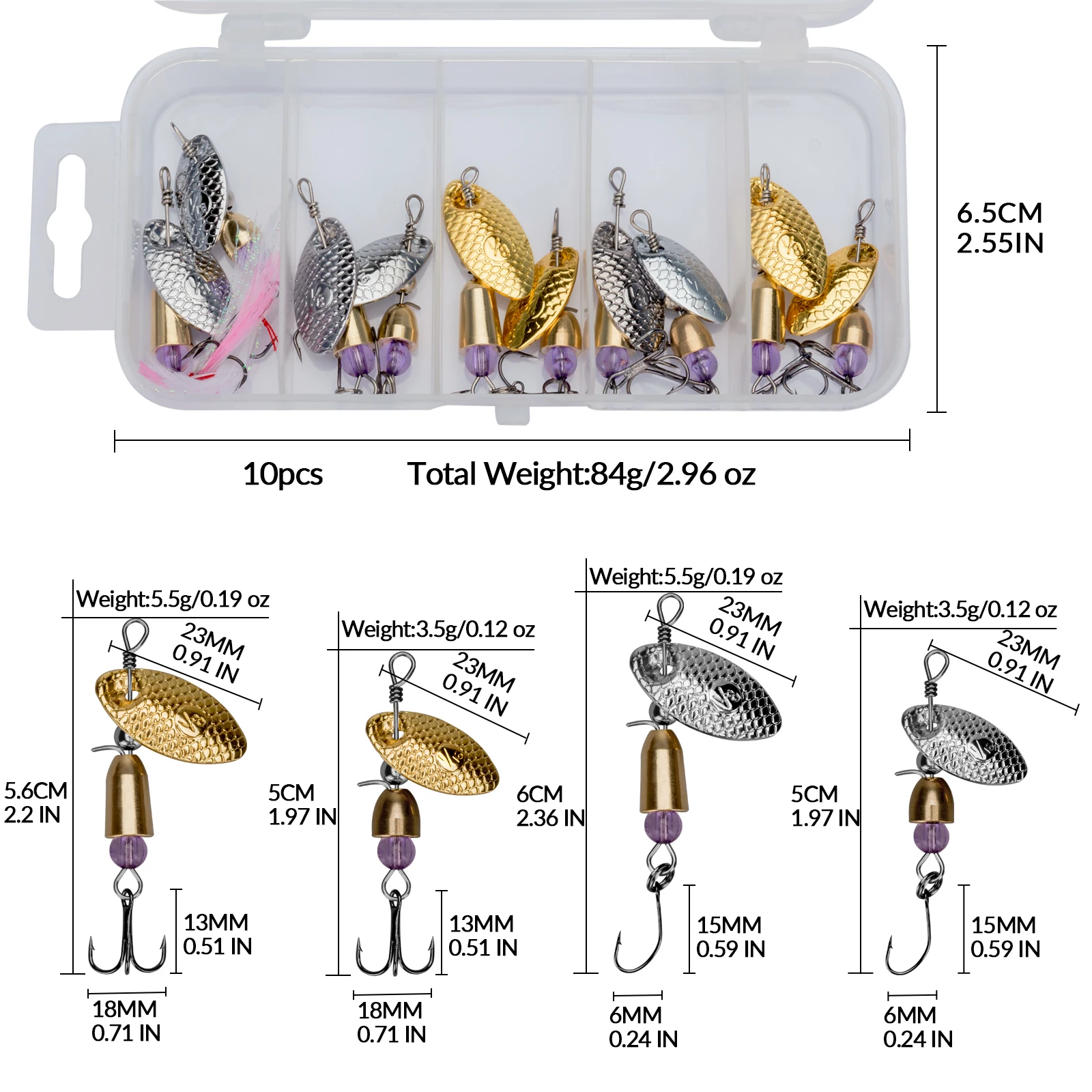 Juego de cebos giratorios de lentejuelas para pesca, 10 piezas, 3,5g, 5,5g, cuchara de Metal para agua dulce, cebo duro, pesas, Kit de anzuelos triples de plumas - imagen 2