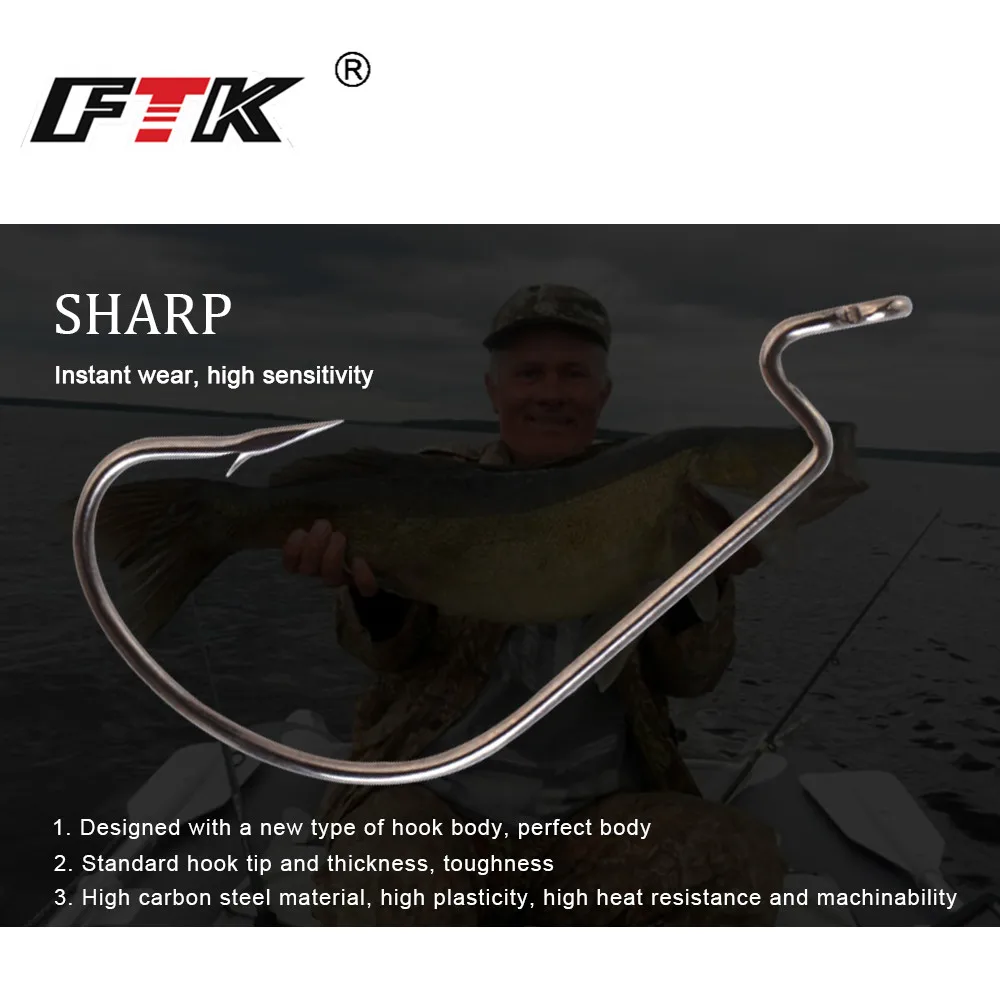 FTK-anzuelos de pesca Offset de 12-20 piezas, señuelos de gusano suave 5/0 #-4 #, aparejos de pesca con manivela anillada de acero de alto carbono - imagen 4