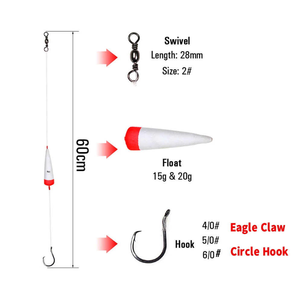 Juego de aparejos de pesca hechos a mano, cebo flotante antideslizante con anzuelos circulares de garra, 4/0, 5/0, 6/0, 2 unidades - imagen 3