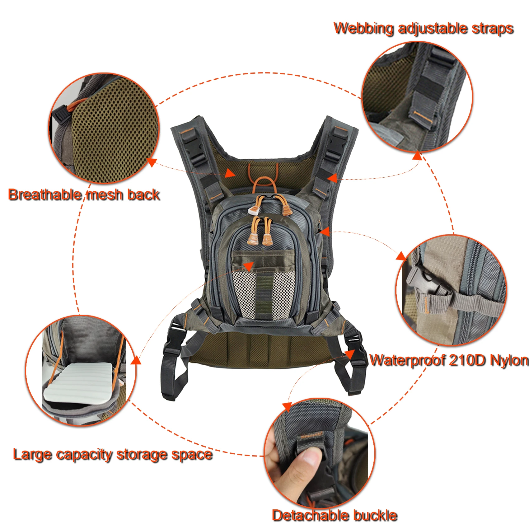 F Aventik-mochila compacta de pesca con mosca, paquete de pecho, talla única para todos los deportes al aire libre, bolsa de pesca con chaleco, Combo de herramientas - imagen 5