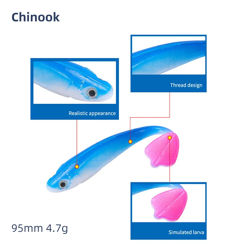 Chinook SoftBait señuelo 90mm cola de paleta grande Shad Swimbait 5 uds Set Wobblers cabeza de plantilla de pez de silicona Texas y anzuelos locos - imagen 2