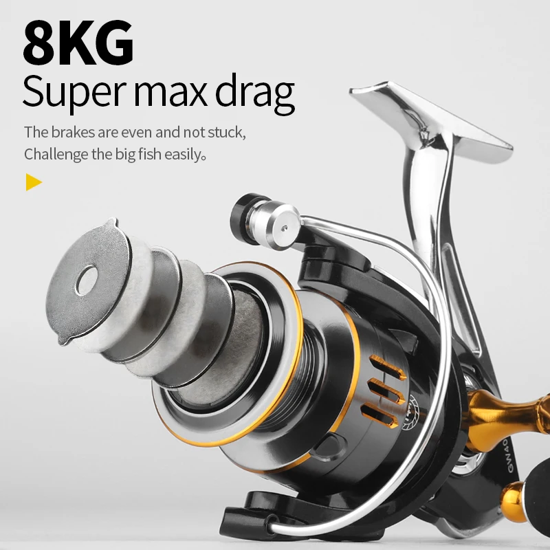 LINNHUE-carrete de pesca GW1000-7000, 8kg de arrastre máximo, cuerpo de carrete de Metal, mango de agua salada, carrete giratorio para pesca de lubina - imagen 5