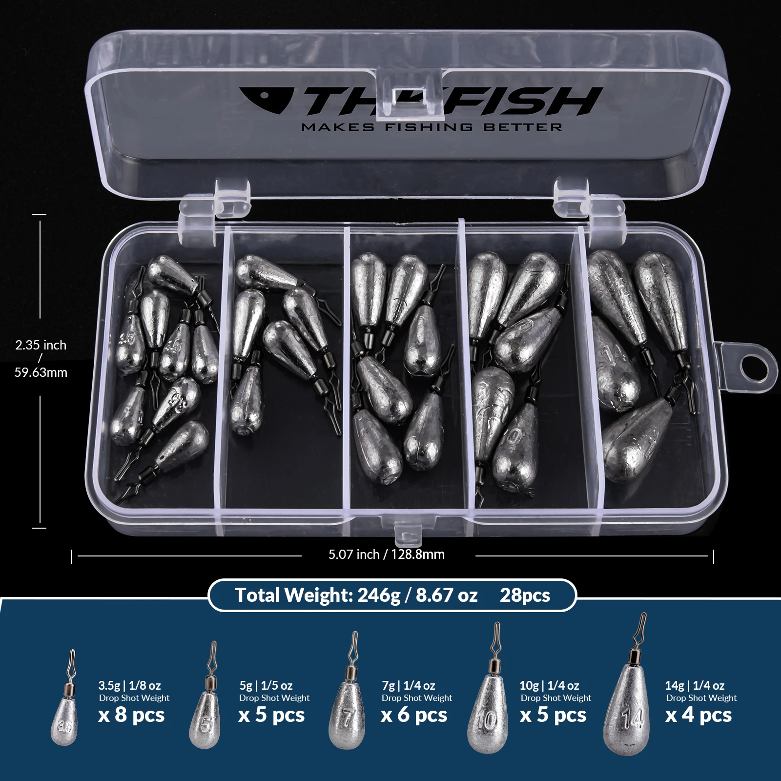 THKFISH 28 unids/caja Kits de plomos de pesca 3,5g 5g 7g 10g 14g pesos de plomo en forma de gota colgante de tiro herramienta de aparejos de pesca