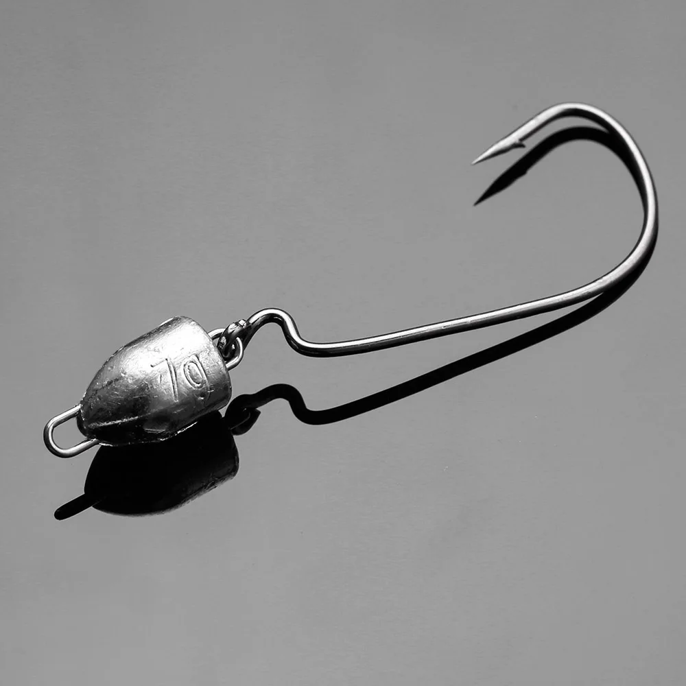 JOHNCOO 5 uds anzuelo de pesca ponderado con cabeza de anzuelo sin malezas 3,5g 5g 7g anzuelos de gusano con manivela oscilante para pesca de lubina agua salada y agua dulce - imagen 3