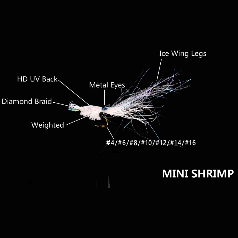 Bimoo 4PCS Blanco # 4~ # 16 Mini camarones sal mosca lubina Steelhead trucha salmón moscas Ninfa mosca para pesca con mosca de agua dulce de agua salada - imagen 3