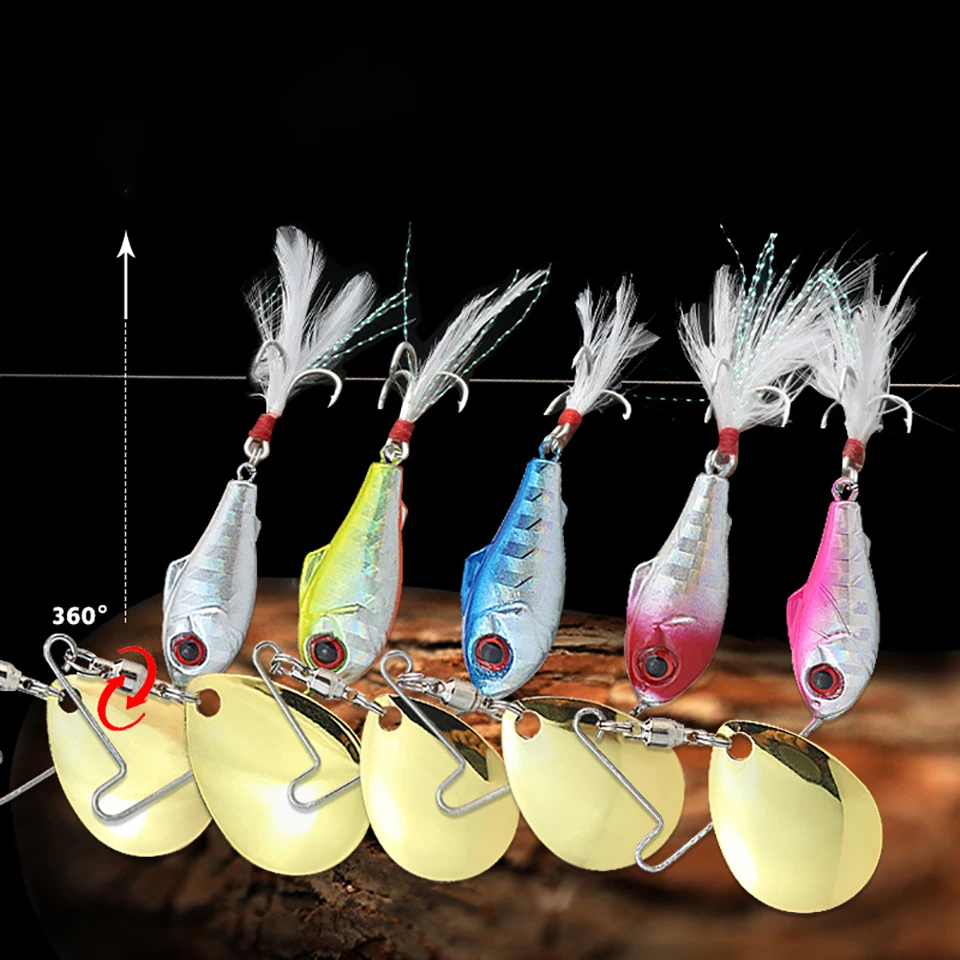 1 Uds 12G 35MM VIB de lentejuelas de señuelo de pesca giratorio 360 de lentejuelas con plumas tres ganchos de pesca en hielo herramientas de carnadas - imagen 3