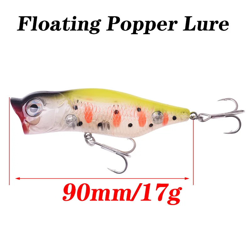 Señuelos de Pesca Popper, 9cm, 17g, cebo duro Artificial, de plástico con anzuelos triples Wobblers, Pesca aparejos de Pesca en el mar, 1 Uds.