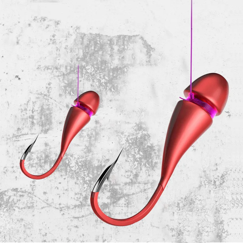 Anzuelo volcado rojo de pesca, anzuelos de lombriz roja de imitación, anzuelo con cabeza de plantilla de estaño, lote de 10 piezas en oferta - imagen 5