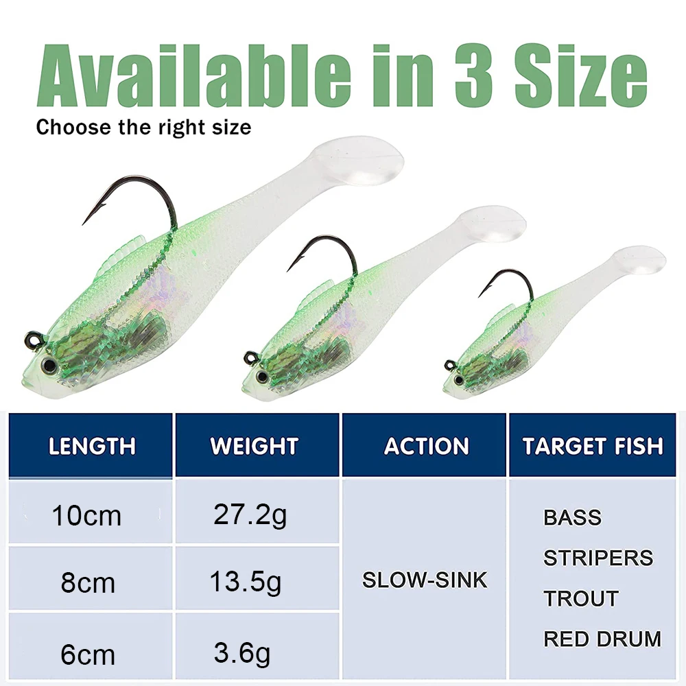 Kit de Señuelos de Pesca de lubina, cabezas de plantilla de plomo, cebo suave de agua salada, curricán, Swimbait para pesca de trucha, Lucio, 6cm, 8cm, 10cm, 8 piezas - imagen 3